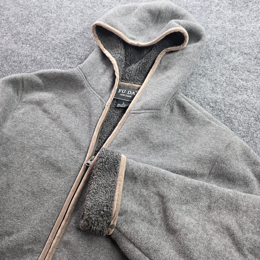 FU DA New York Fleece Jacket Sherpa Lined Full Zip Hoodie Gray Large Mens Coat